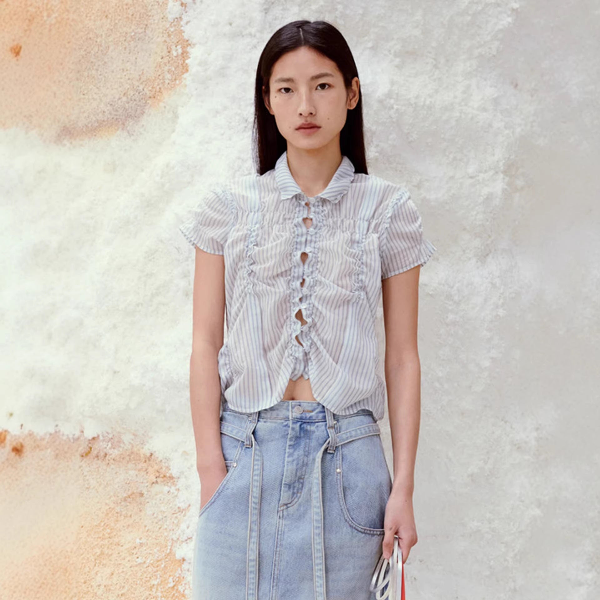 Ruffled Slim-fit Pleated Short-sleeve Top With Drawstring A-line Skirt