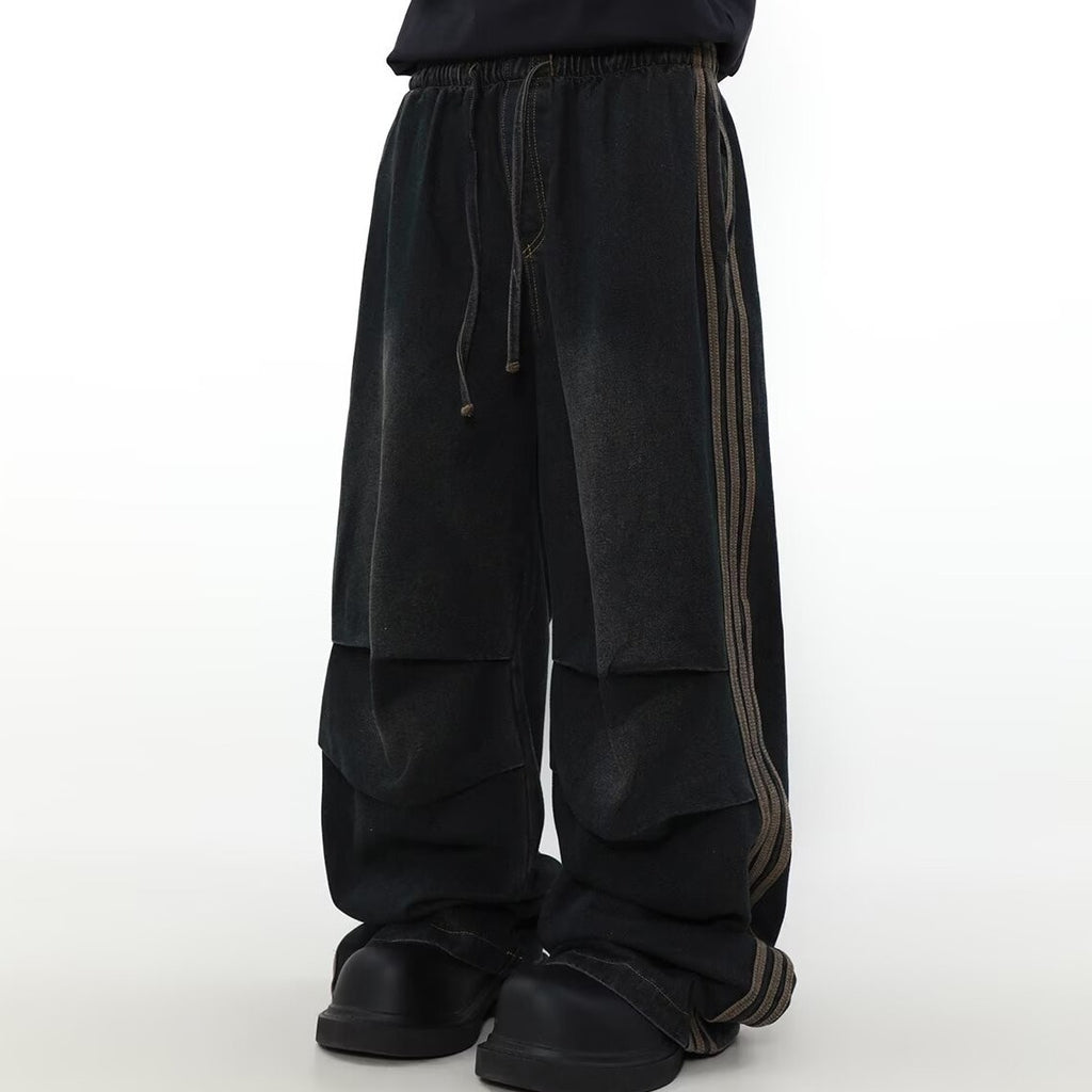 American Pleated Design Sense Niche Striped Wide Leg Straight Jeans Men