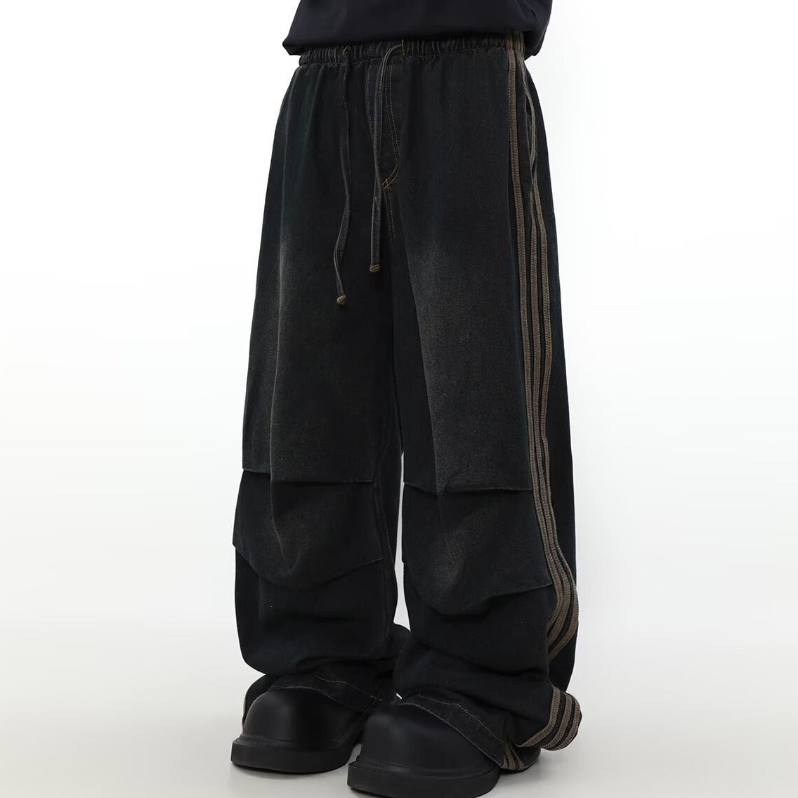 American Pleated Design Sense Niche Striped Wide Leg Straight Jeans Men