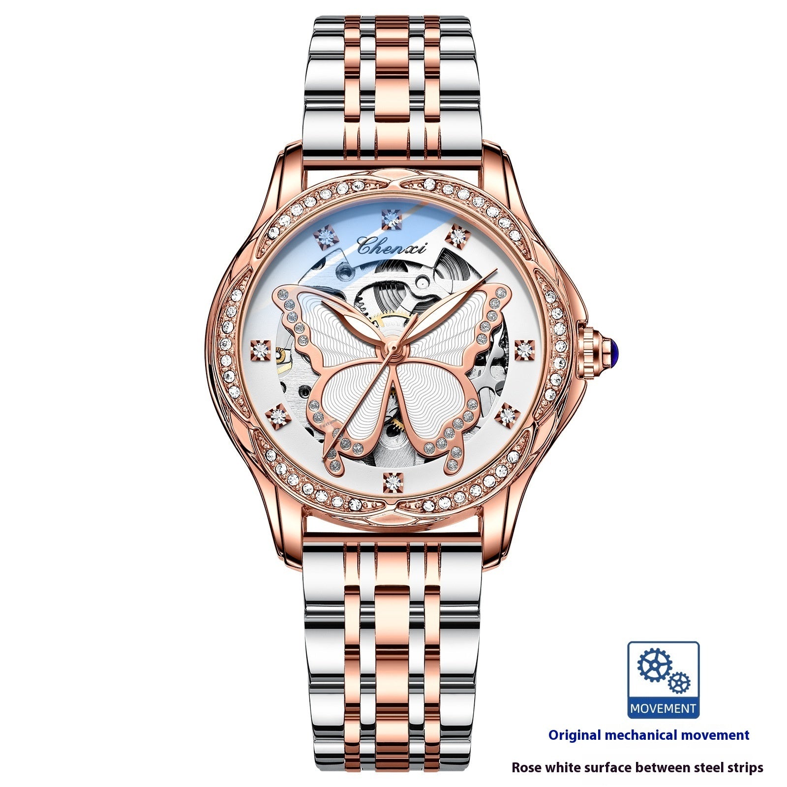 Butterfly Dial Fashion Diamond-embedded Watch Women's Waterproof Automatic Mechanical Watch
