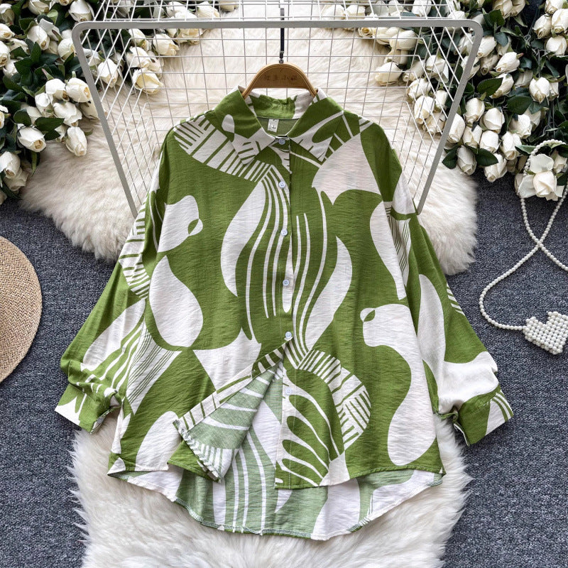 Retro French-style Printed Womens Autumn Loose Slimming Top