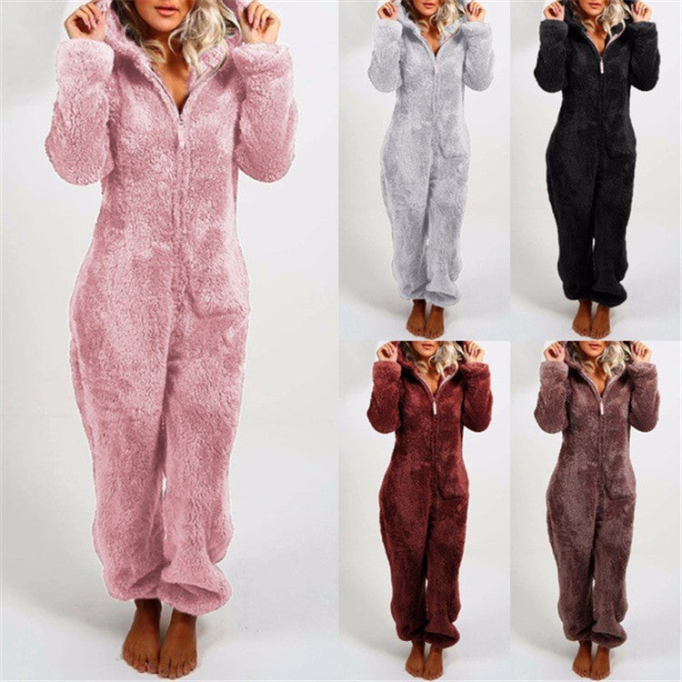 Fleece-lined Thickened Furry Jumpsuit Hooded Pajamas