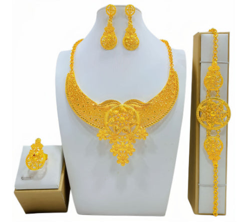 Gold Jewelry Suit Arabic Bridal Wedding Necklace Bracelet Earrings Ring