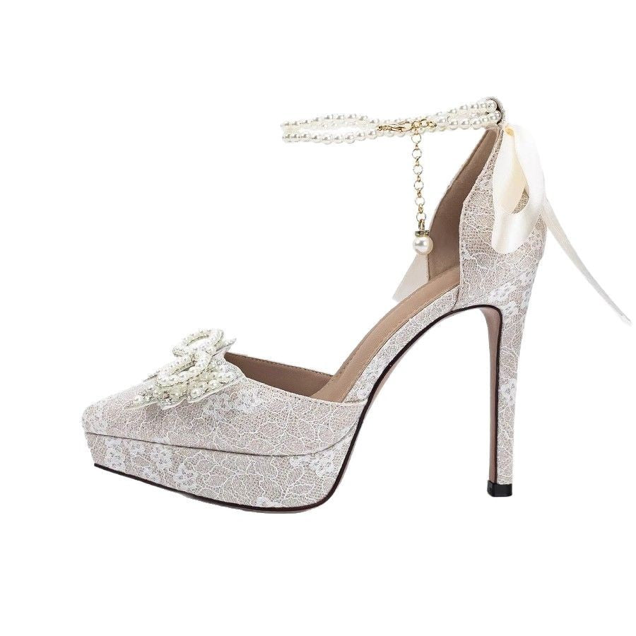 High Heels Pearl Bow Silver Hollowed Sandals