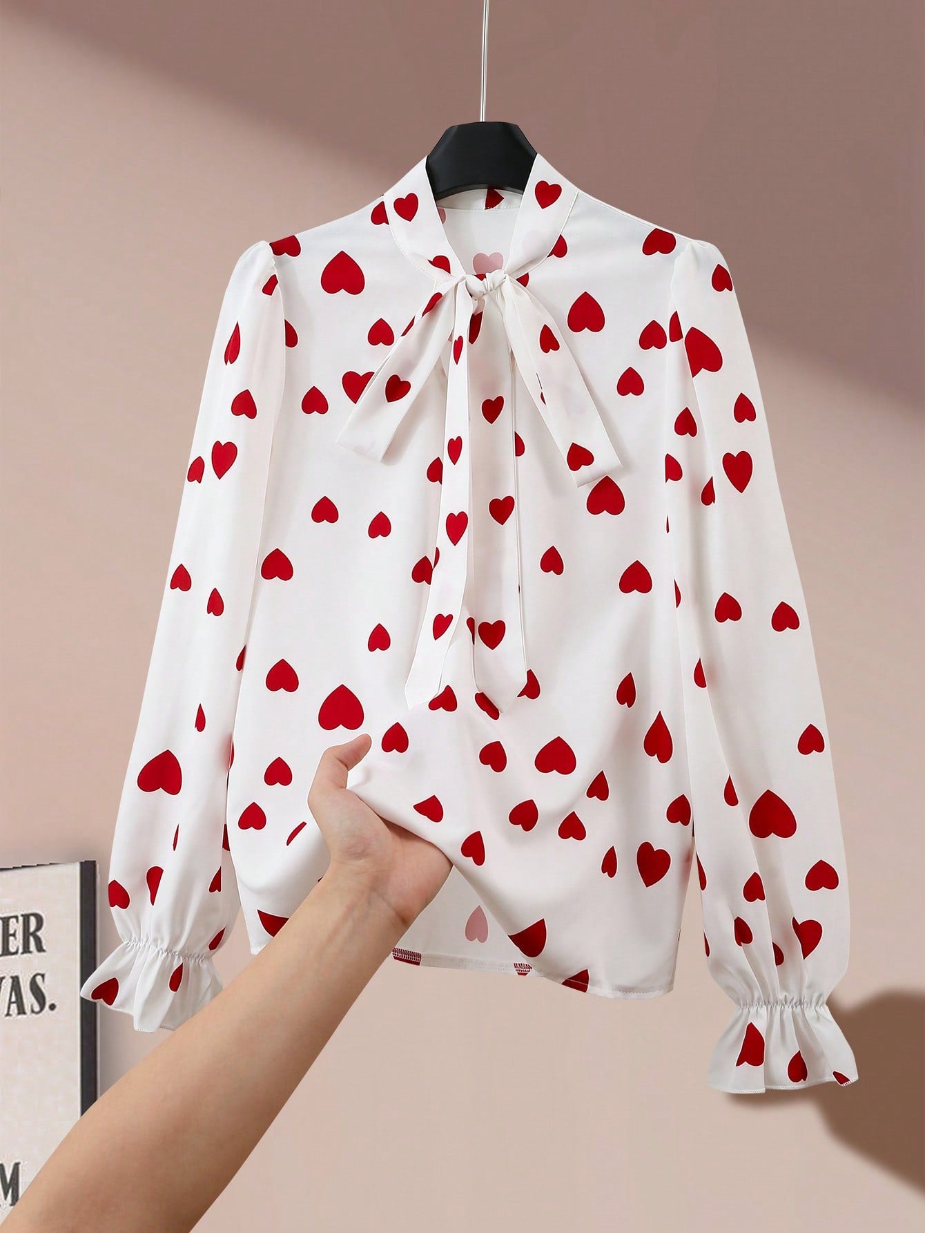 Printed Collared Ruffle-Trimmed Long-Sleeve Womens Shirt