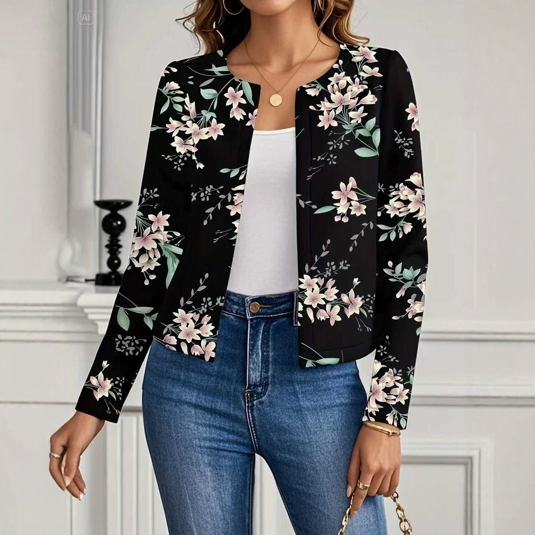 Women's Casual Crew-Neck Printed Short Long-Sleeve Jacket