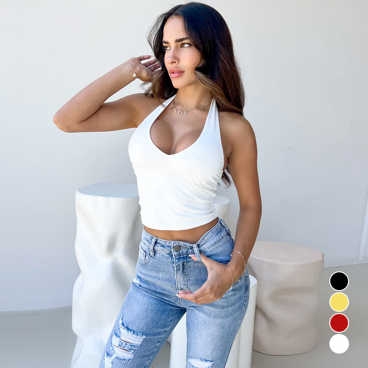 Fashionable Casual Women's Solid Color Minimalism Halter Top