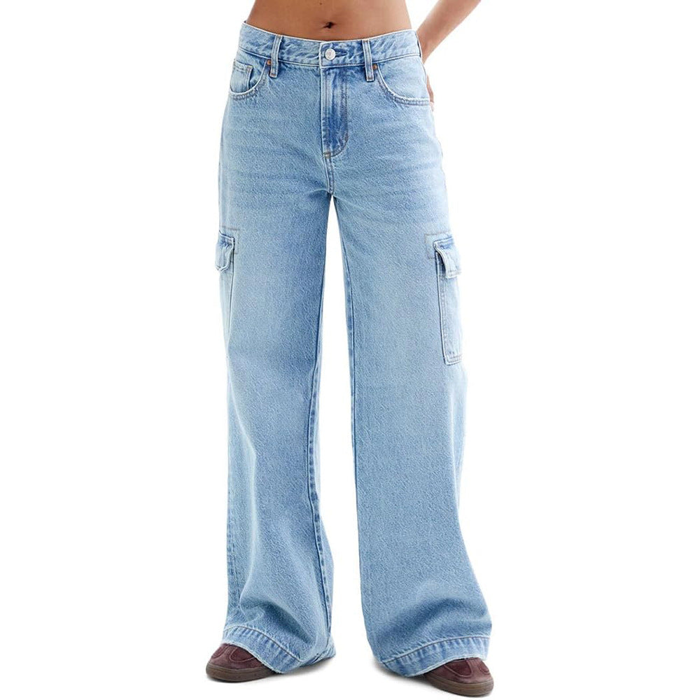 Womens Casual Loose Fit Denim Jeans With A Large Flap Pocket
