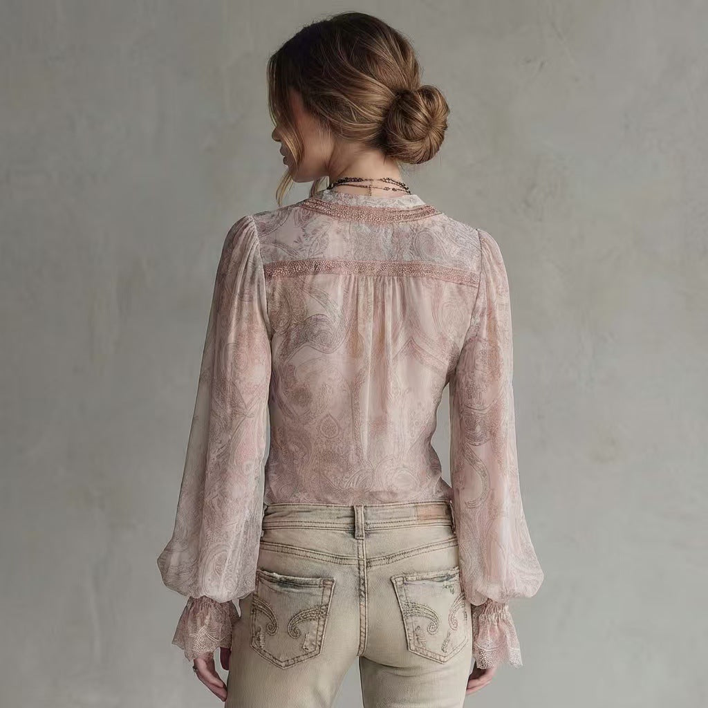 Maillard Pure & Seductive Chic Design Fake Two-Piece Knotted Lace Flared Sleeve Top