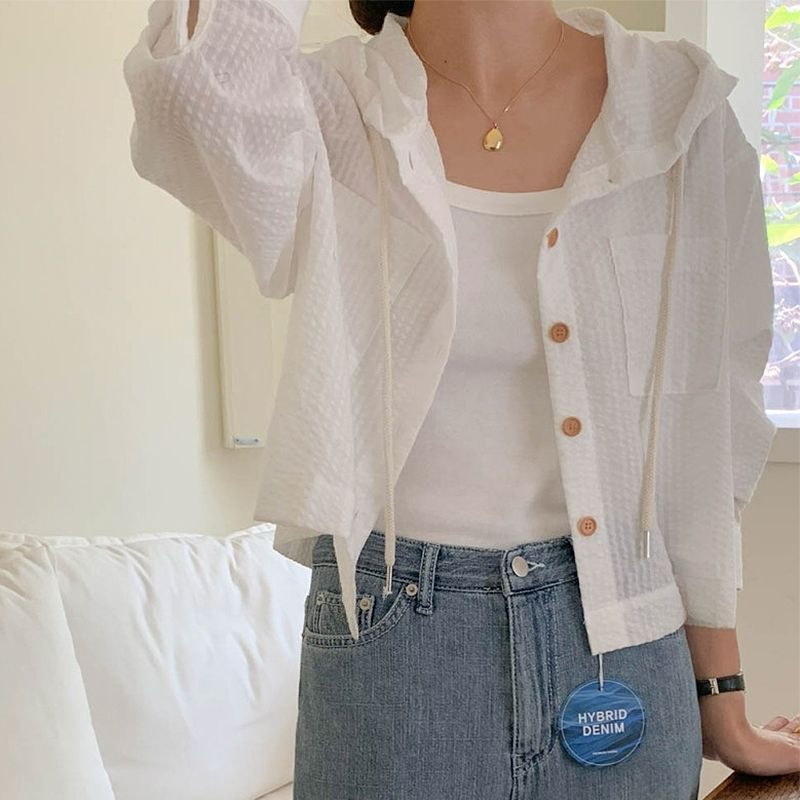 Single-breasted Striped Contrast Color Short Loose Long Sleeves Sun Protection Hooded Shirt