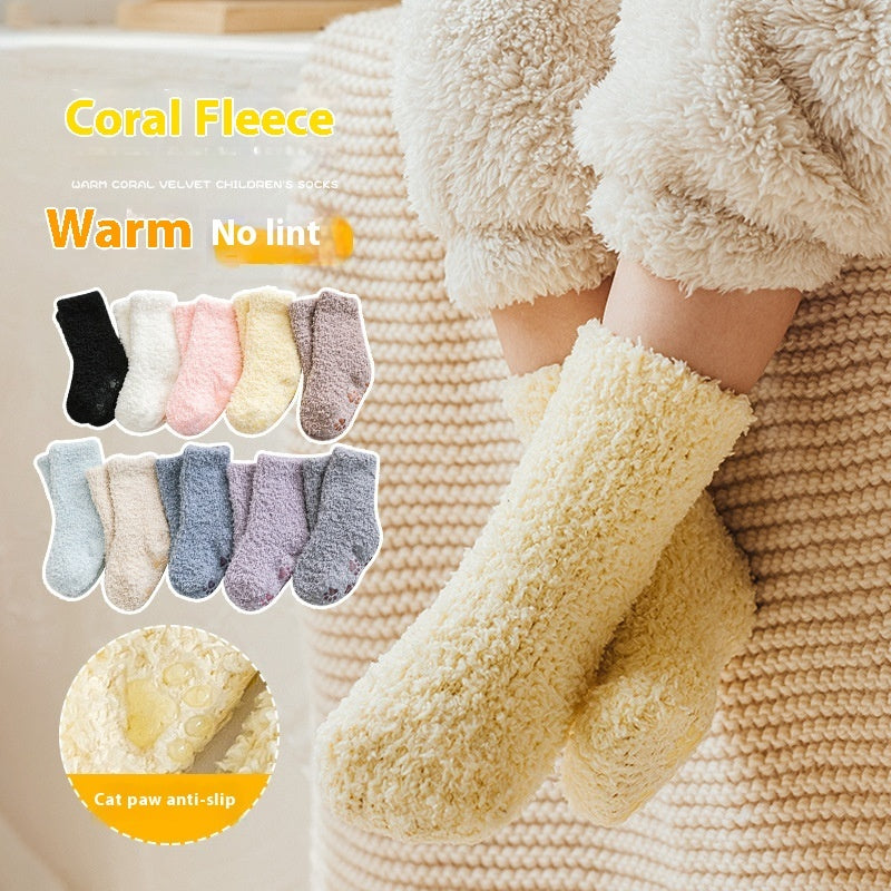Warm Breathable Coral Fleece Children's Socks Candy Color Home Boy Girls Mid-calf Length Room Socks
