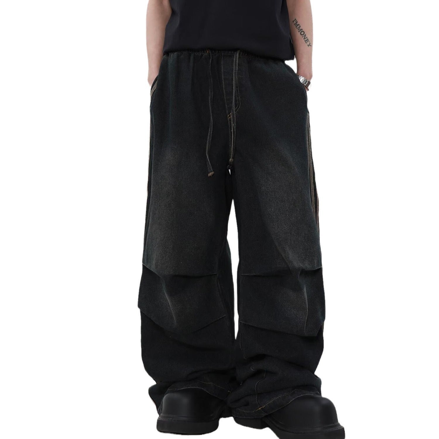 American Pleated Design Sense Niche Striped Wide Leg Straight Jeans Men
