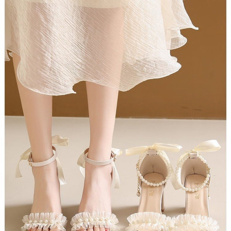 French Style Chunky Heel Sandals Bow Pearl High Heels Buckle Sandals