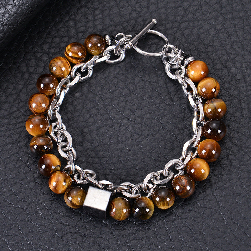 Stainless Steel Double Layer 8mm Tiger-Eye Bracelet Men