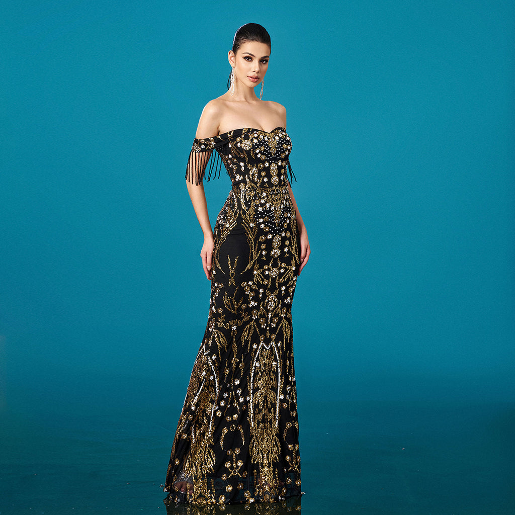 Off-neck Tassel Sequined Fishtail Evening Dress For Banquet