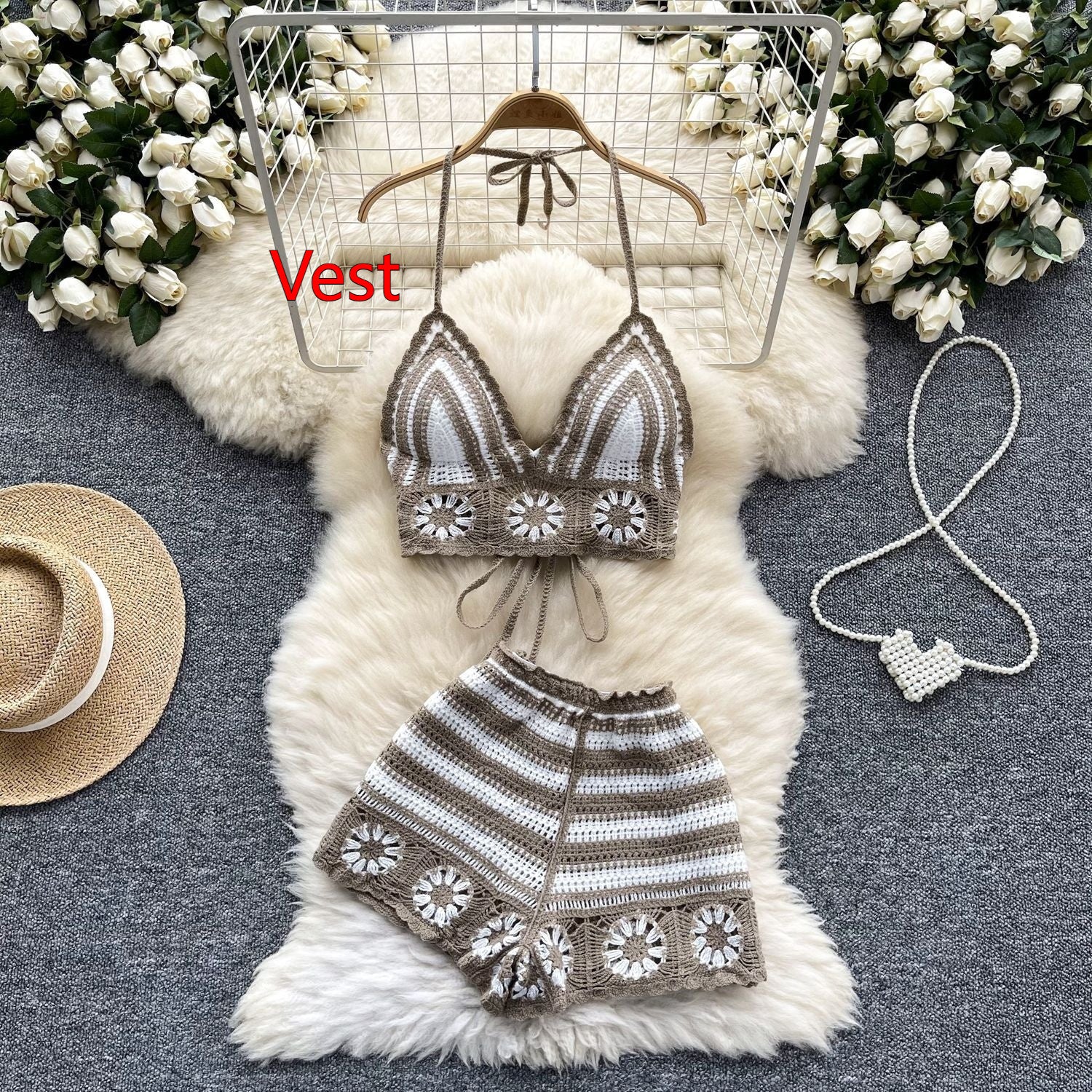 Sexy Cutout Crocheted Halter Strap Vest High Waist Knit Shorts