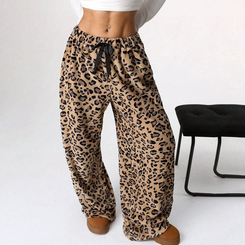 New Casual Leopard Print Lace-up Wide-leg Pants