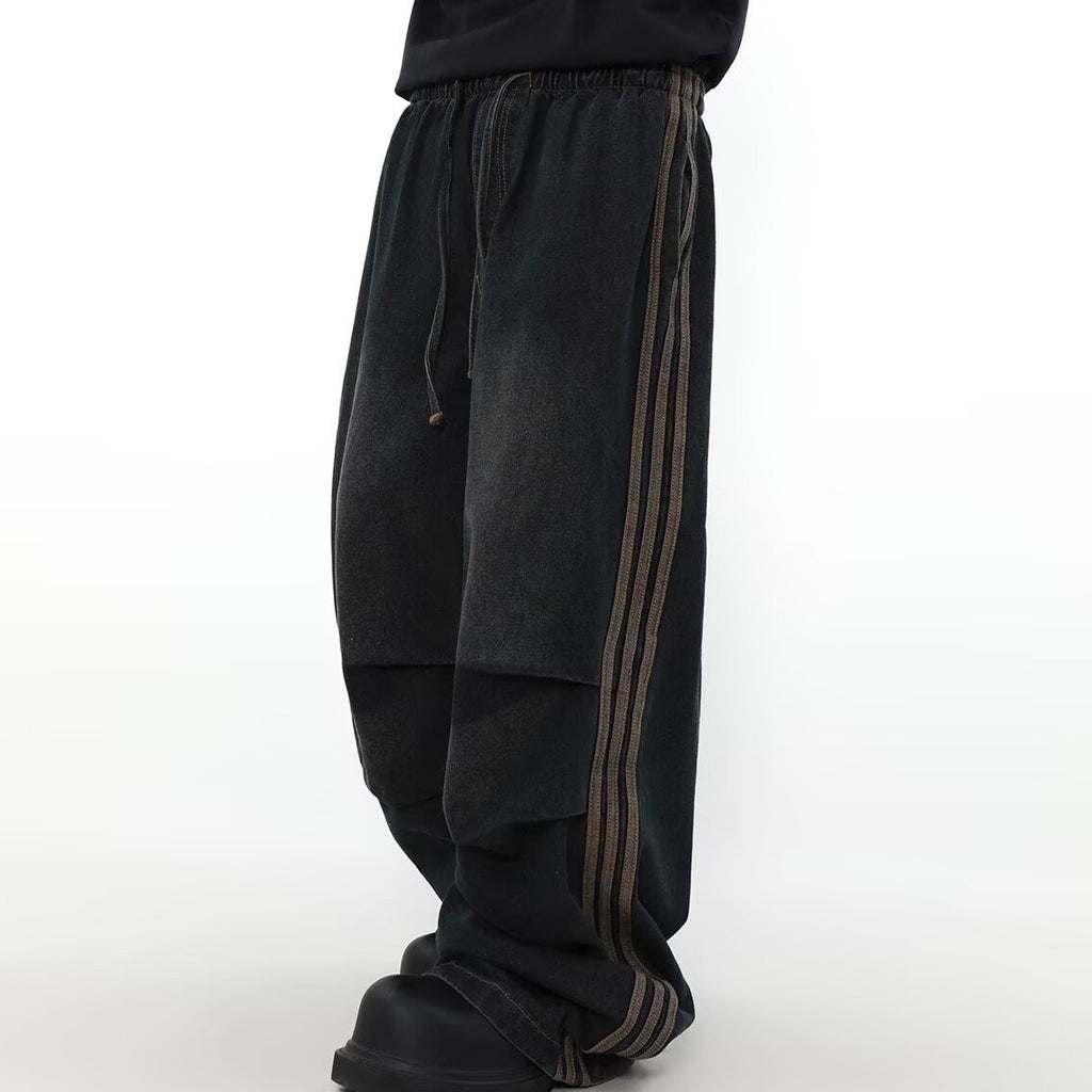 American Pleated Design Sense Niche Striped Wide Leg Straight Jeans Men