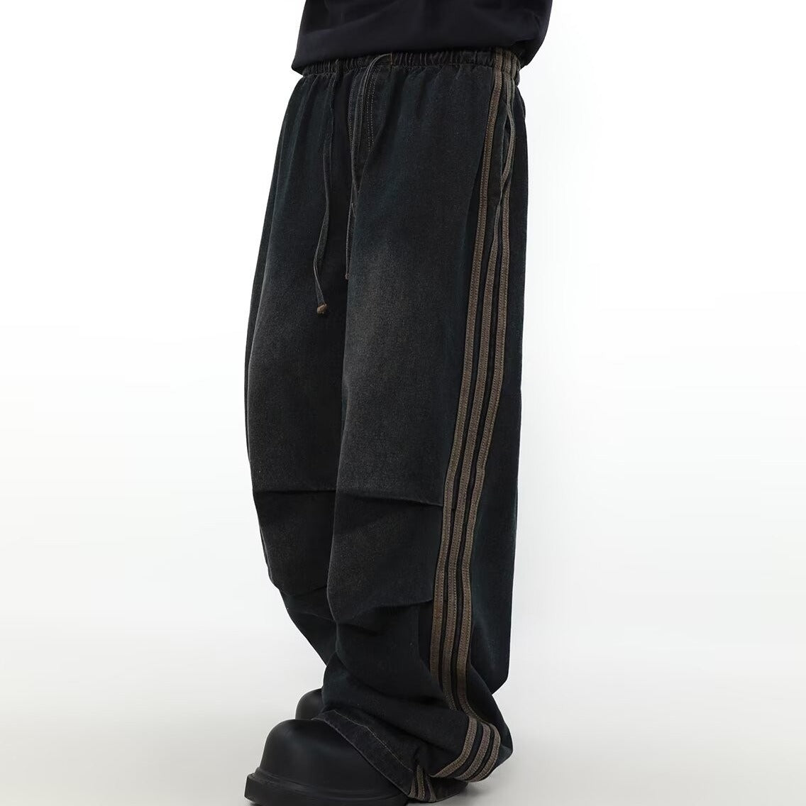 American Pleated Design Sense Niche Striped Wide Leg Straight Jeans Men