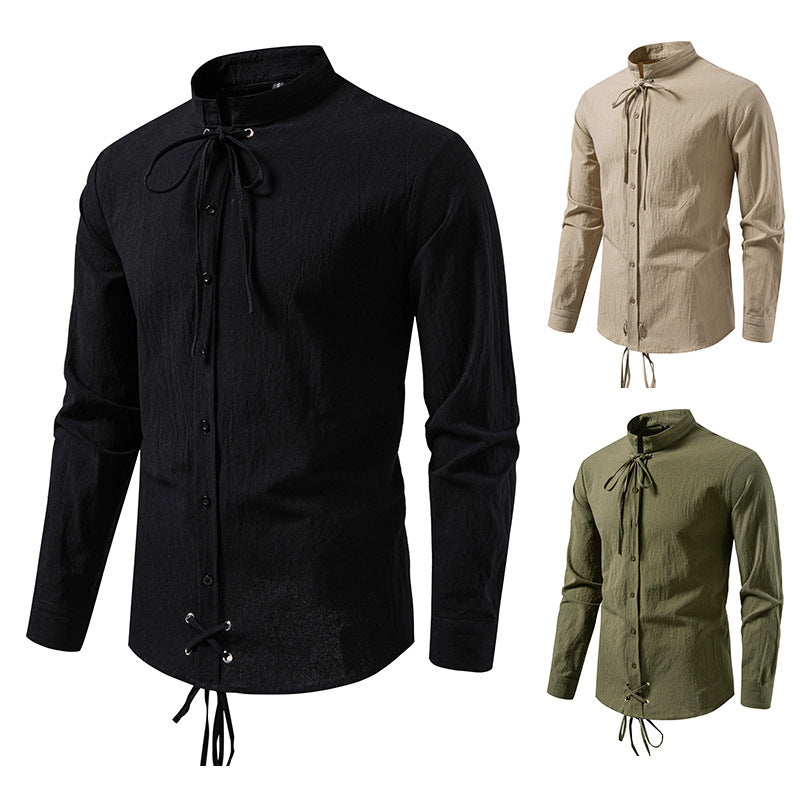 Pirate Drawstring Men's Cotton And Linen Long Sleeve European Size Shirt