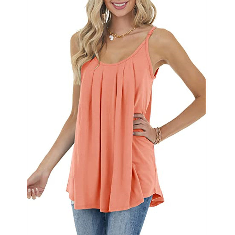 Women's Casual Summer Pleated Round Neck Keyhole Loose Top