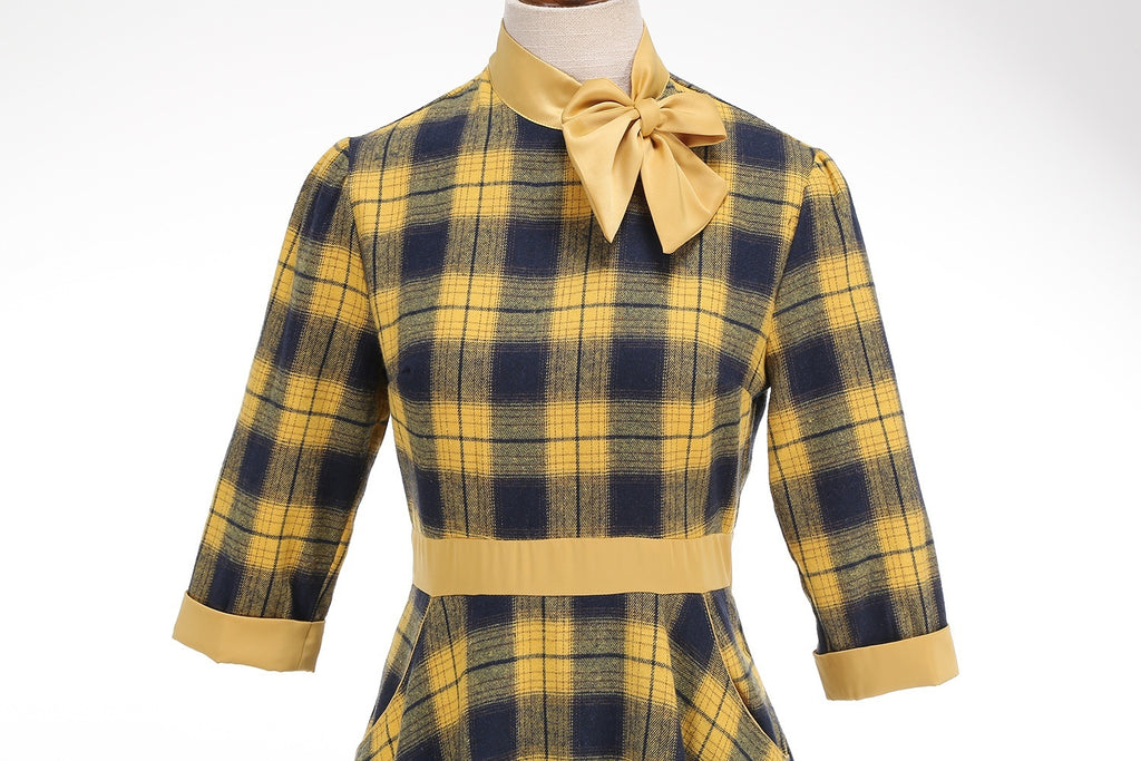Halloween Plaid Turtleneck Bow High Waist Big Swing Dress