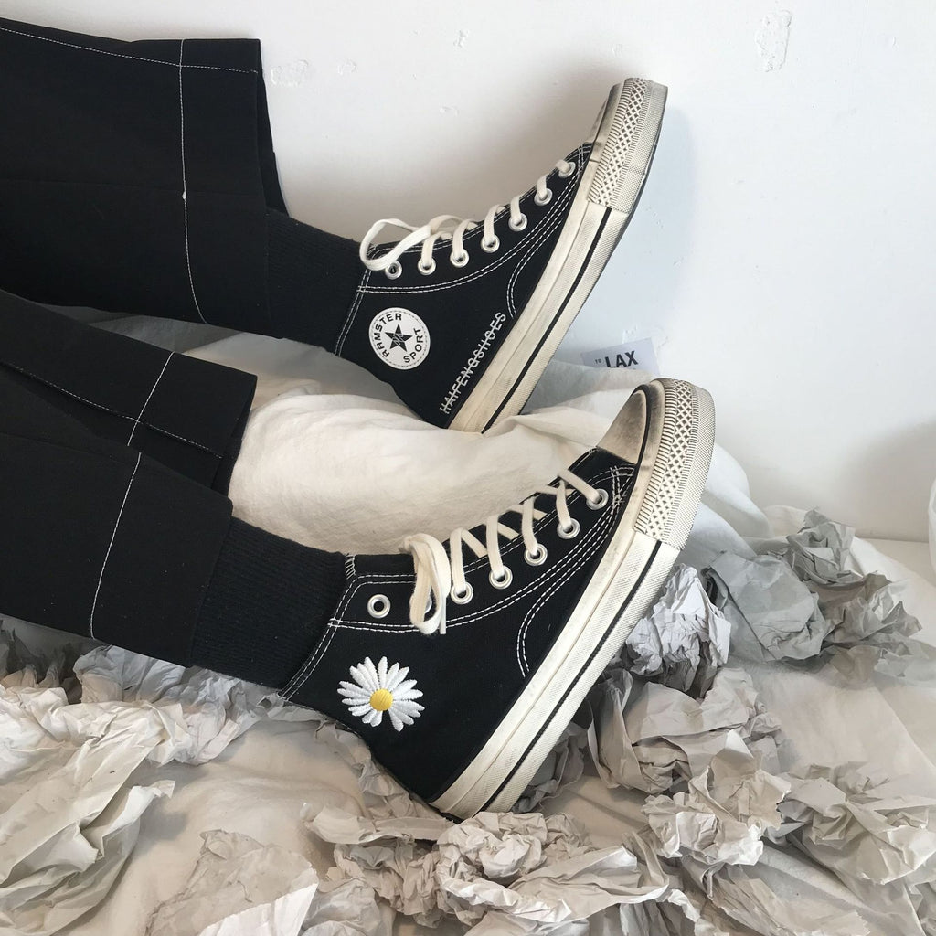 Retro student high-top black canvas shoes