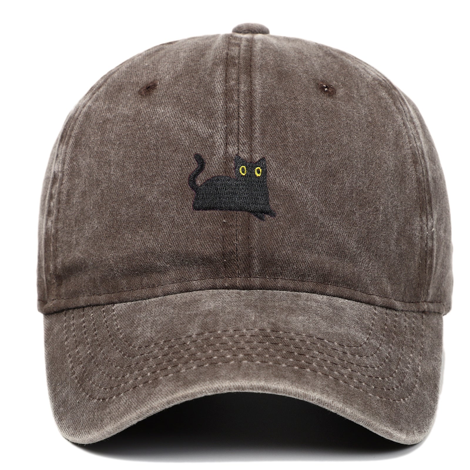Black Cat Embroidered Washed Baseball Cap Sun Hat