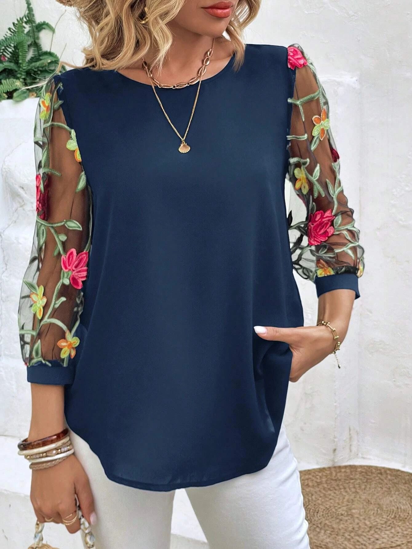 Women's Casual Mesh Black Patchwork Top