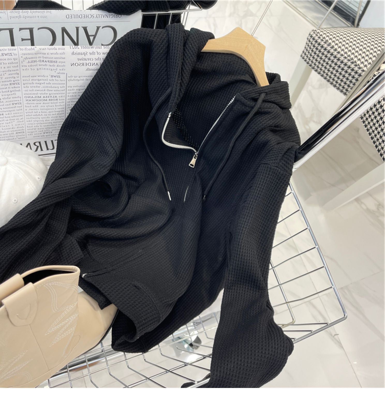 Waffle Hooded Women's Loose Slimming Zipper Cardigan