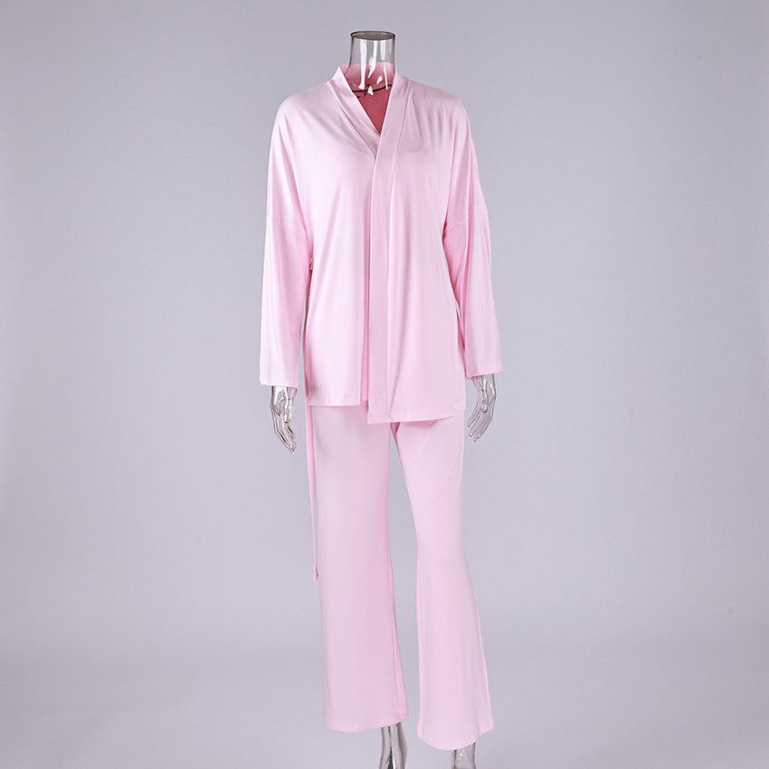 New European And American-style Knitted Milk-silk Ruffled-edge Pajama Set 3 Pieces
