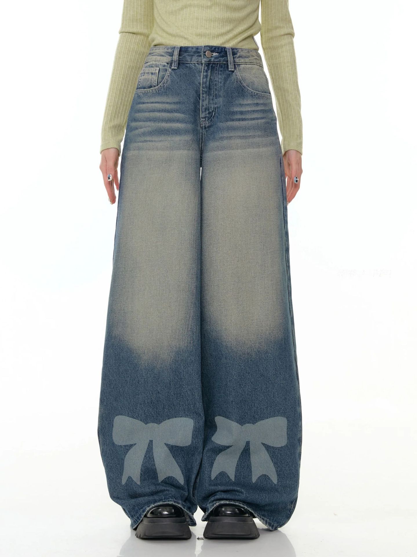 Retro Wide-leg Bow-tie Printed Washed Denim Jeans