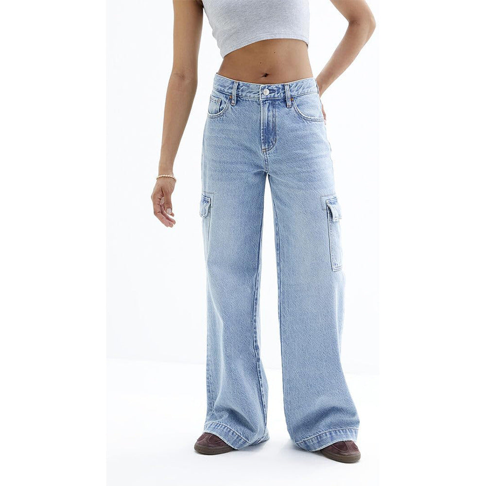 Womens Casual Loose Fit Denim Jeans With A Large Flap Pocket