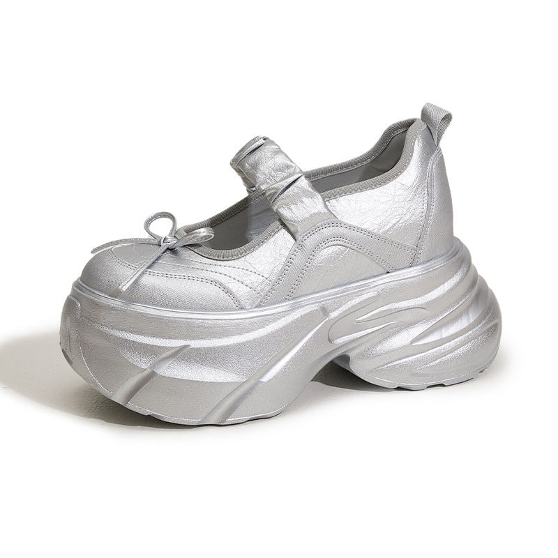 Mary Jane White Silver Sweet Bow Height Increasing Insole Women's Shoes