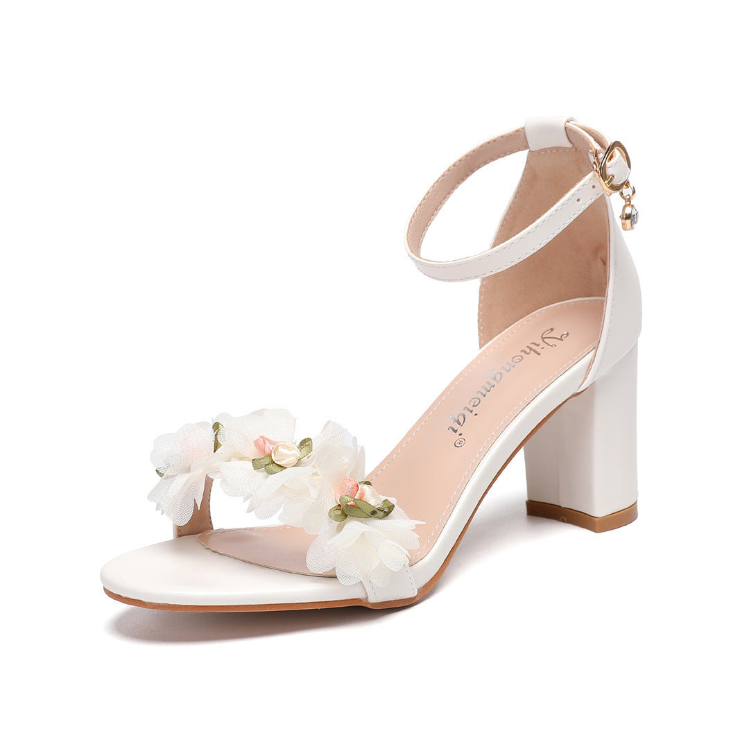 One Strap New Peep Toe High Heels Chunky Heel Low-cut Rhinestone