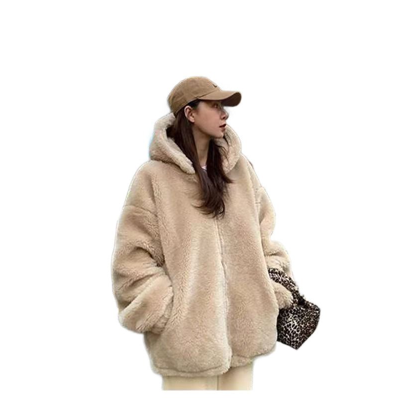 Womens Faux Lambswool Fur Coat Loose-fitting Thickened Hooded Short Fur Jacket In A Soft Feminine Style
