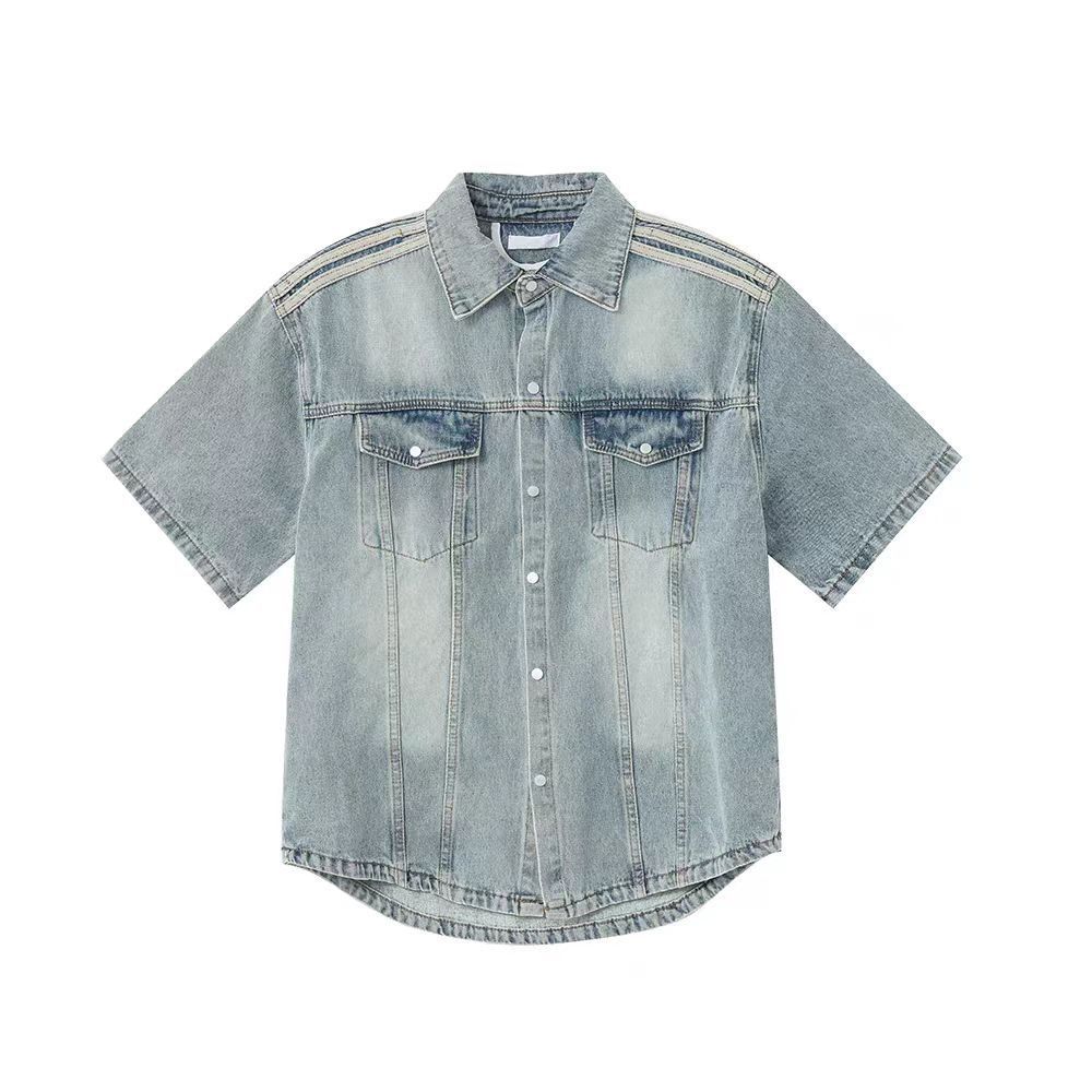 Retro Side Three Bar Stripes Short Sleeve Denim Shirt Outfit Men