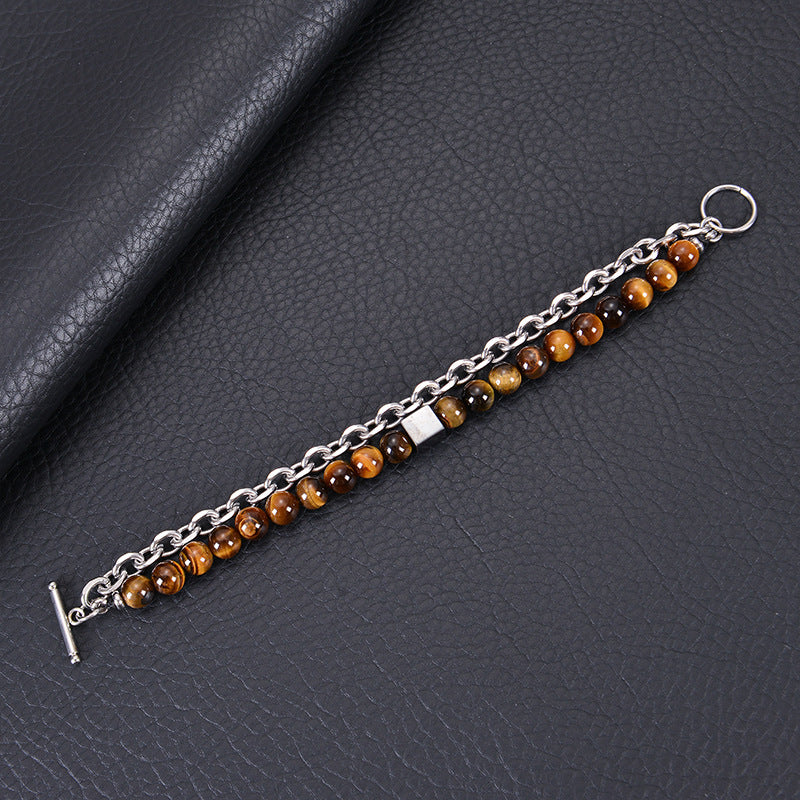 Stainless Steel Double Layer 8mm Tiger-Eye Bracelet Men