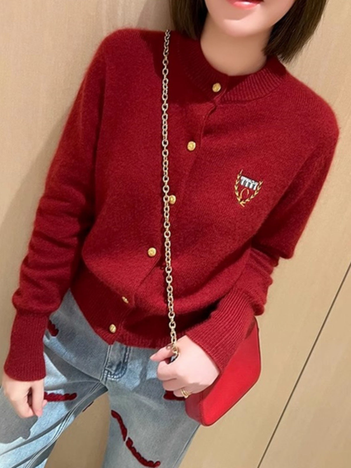 Raccoon Fur Yarn Embroidered Badge Sweater Coat