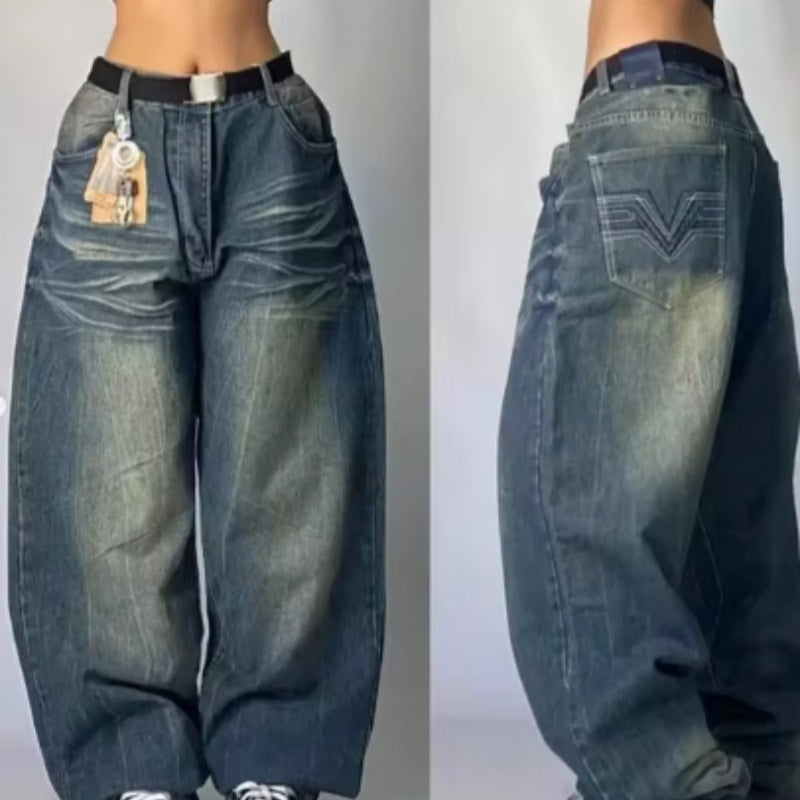 Design Sense American Retro Worn Looking Washed-out Jeans Fashion Brand Youth Wide Leg