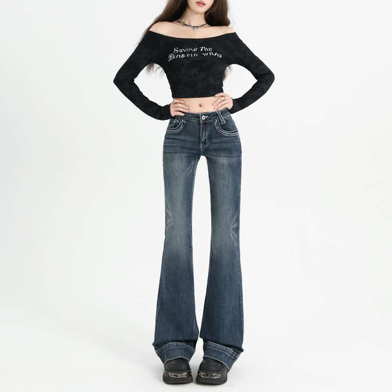 American Retro Stretch Washed Spicy Girl Flare Pants Women Low Waist Slimming