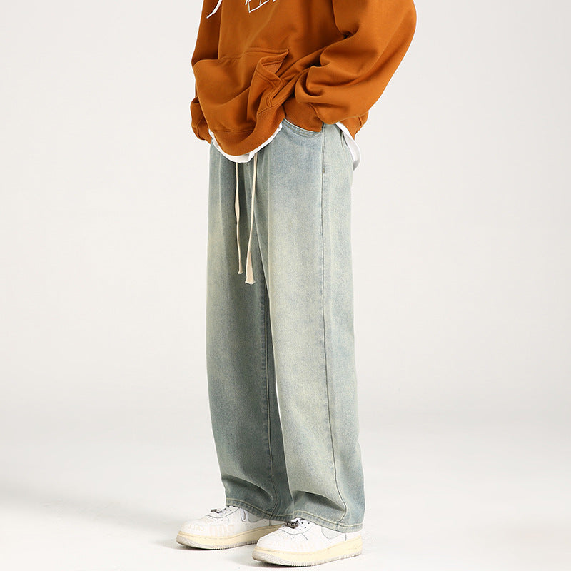 Yellow Mud Dyed Worn Looking Washed-out Retro Elastic Waist Jeans