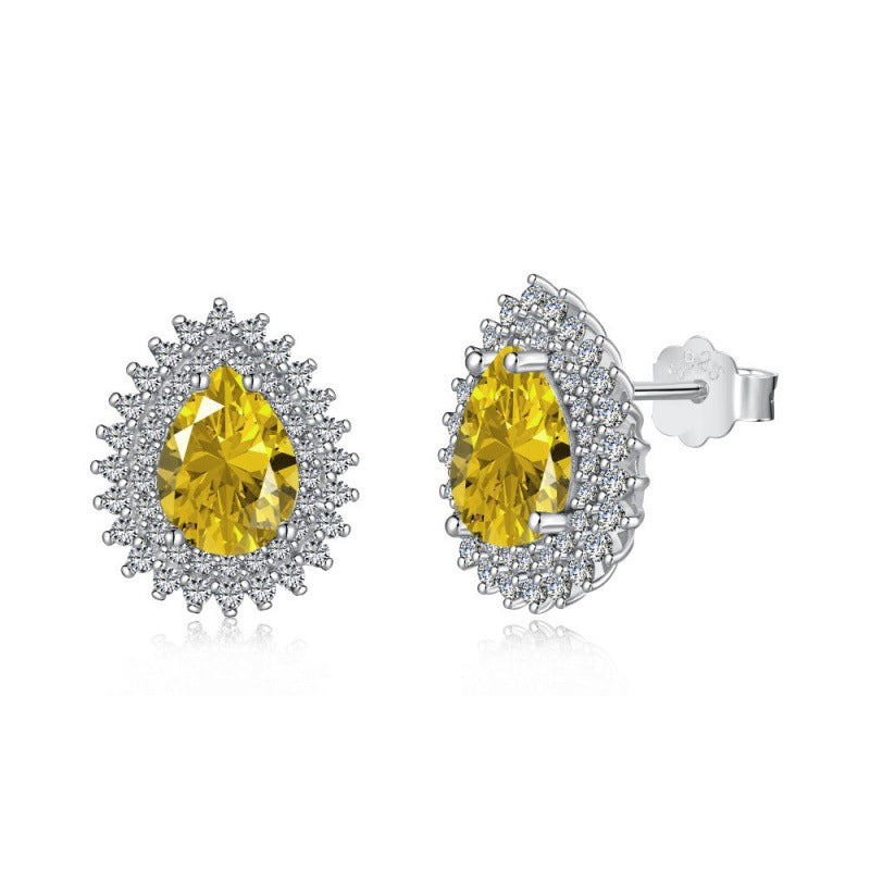 S925 Sterling Silver High Carbon Rhinestone Flower Colored Gems Retro Simple Stud Earrings