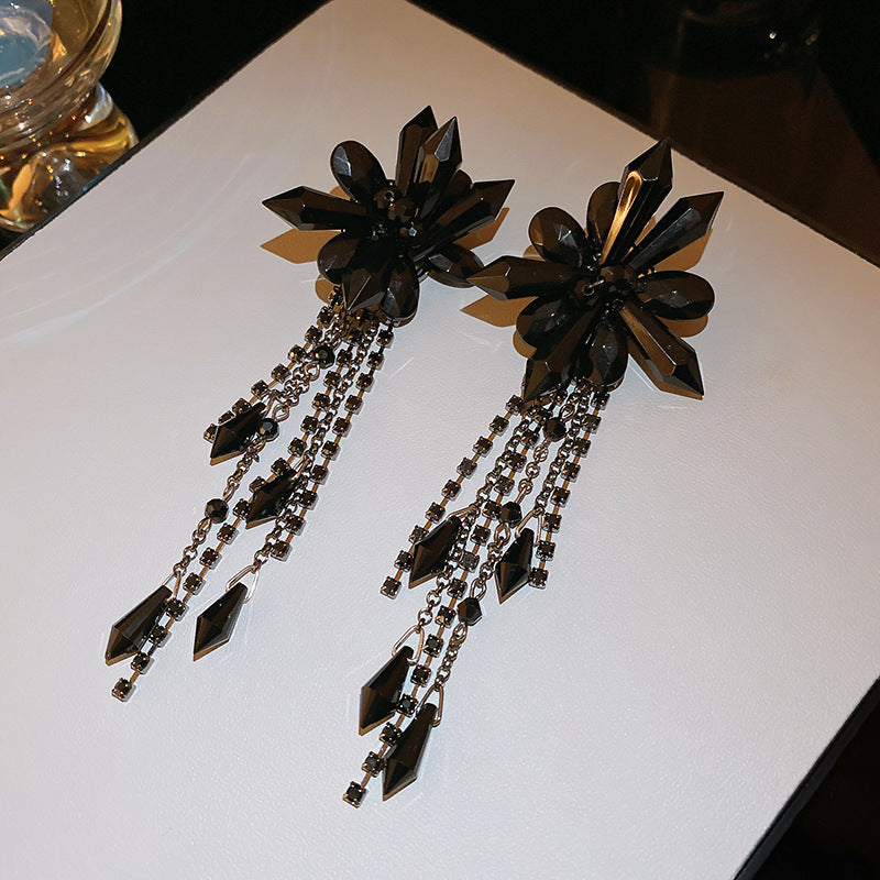 Silver Needle Black Rhimestone Flower Geometric Tassel Stud Earrings