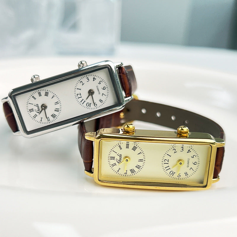 Creative Double Time Zone Business Niche Retro Rectangular High Sense Double Inserts Women's Quartz Watch