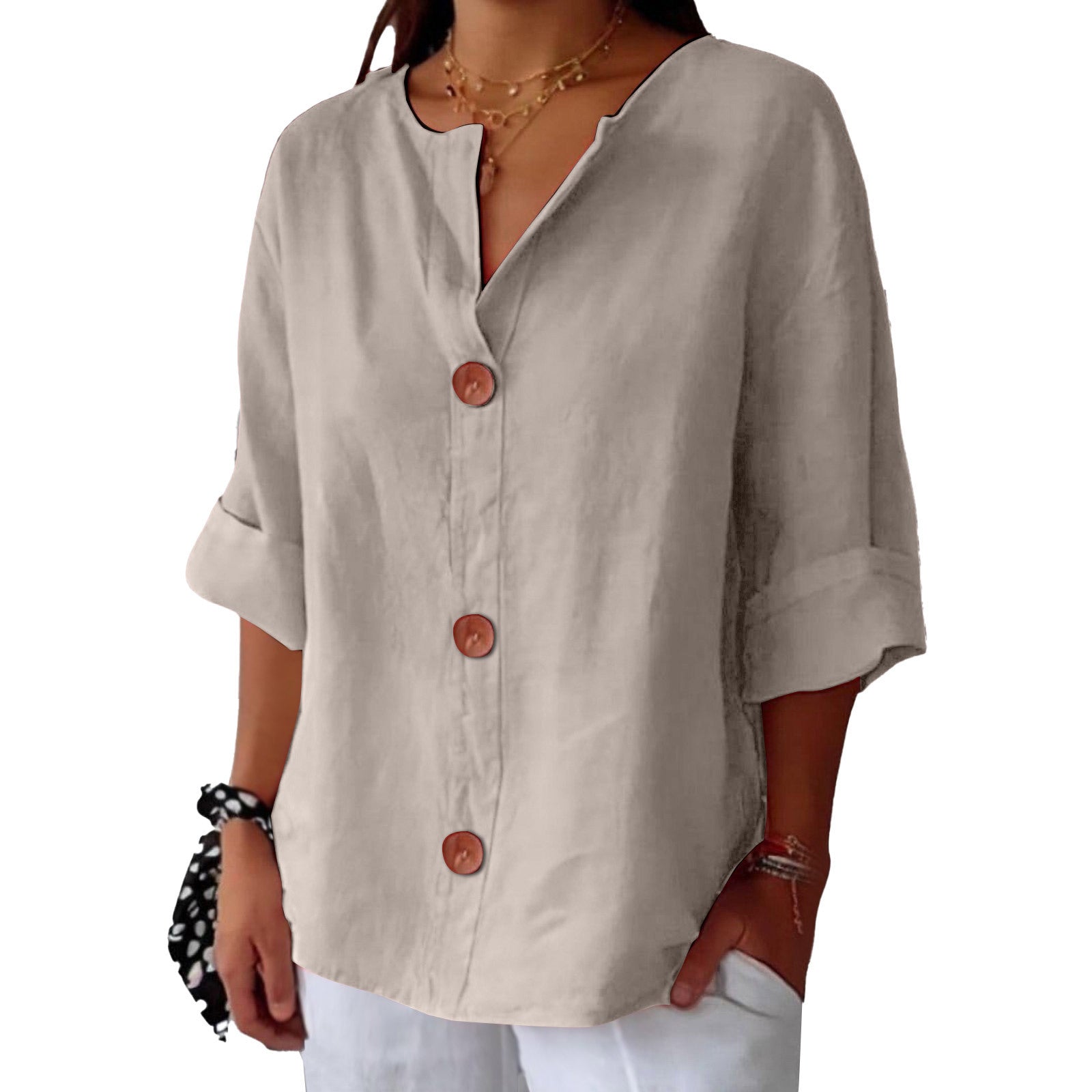 Women's V-neck cotton and linen buttoned blouse