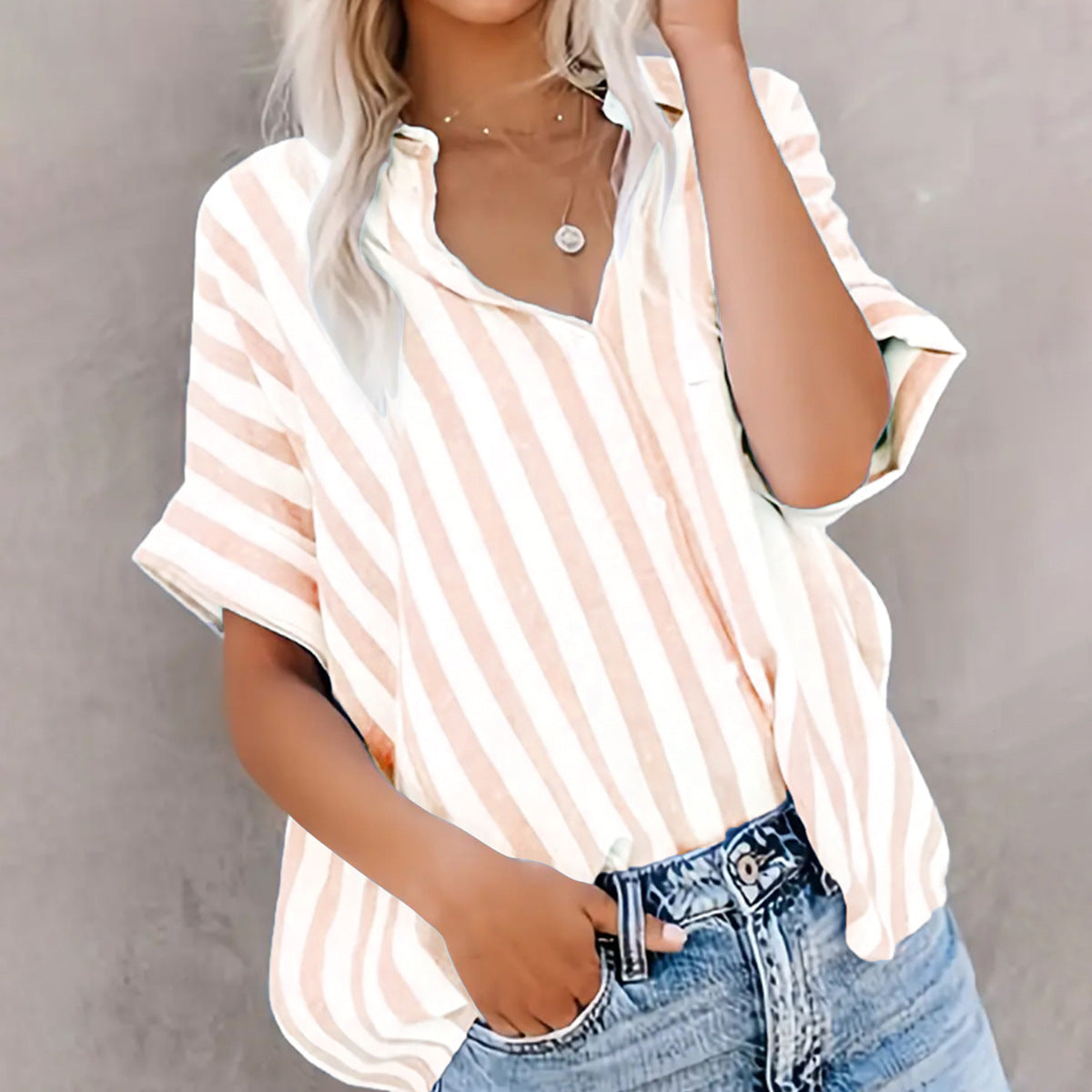 Loose-fitting Two-tone Striped Cardigan Shirt For Women
