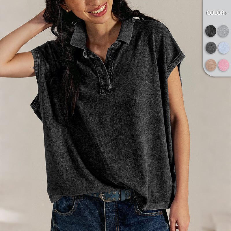 Turn-down Collar Drop-shoulder Loose-fit Casual Top