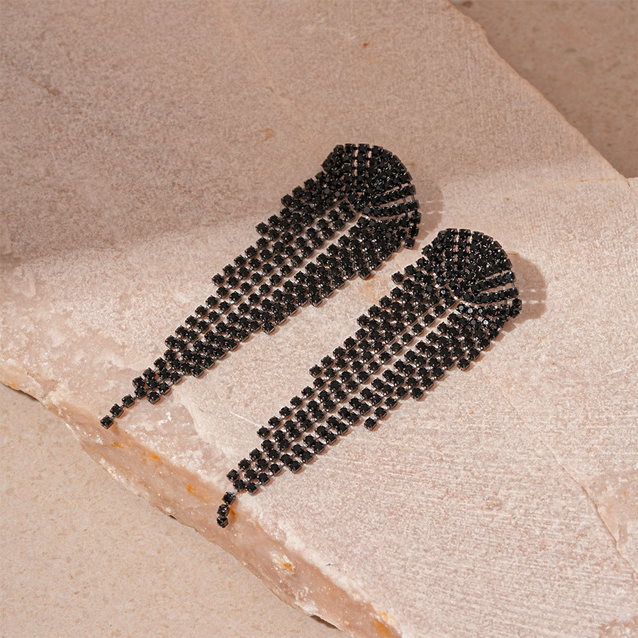 Silver Needle Black Rhimestone Flower Geometric Tassel Stud Earrings