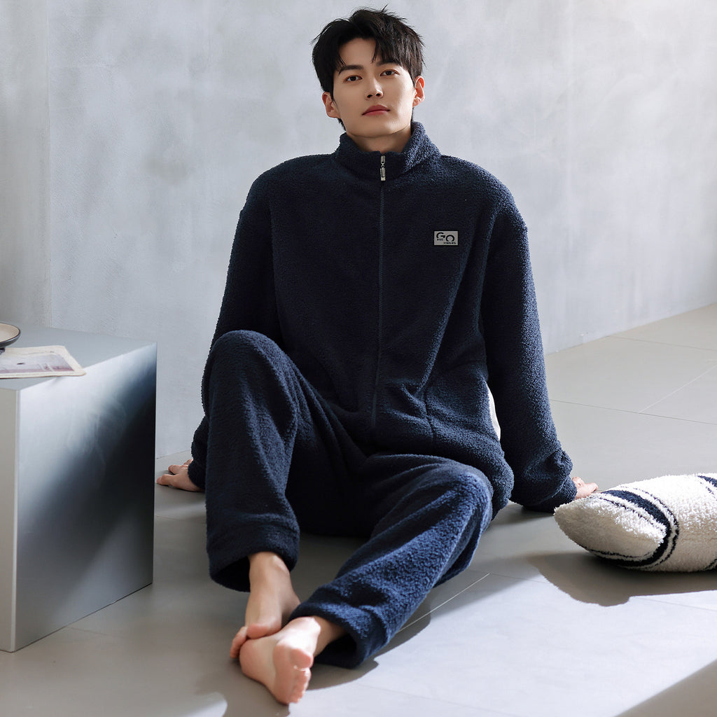 Long Sleeve Half Velvet Warm Padded Zipper Couple Pajamas